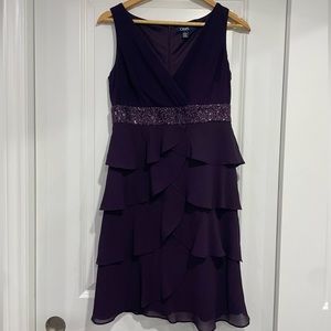 Dark purple chaps wedding guest dress